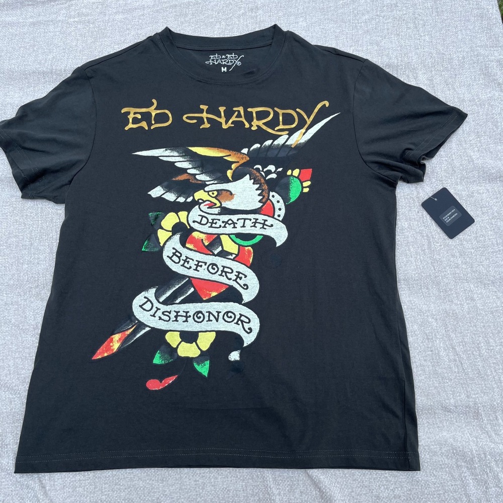 Ed Hardy Mens Death Before Dishonor Eagle Graphic T-Shirt Charcoal Gray M NEW